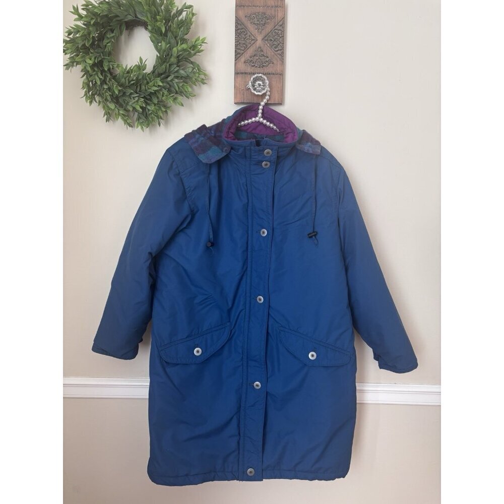 Vintage LL Bean Womens Size L/XL Teal Jacket Flannel Lined Chore Coat Hooded